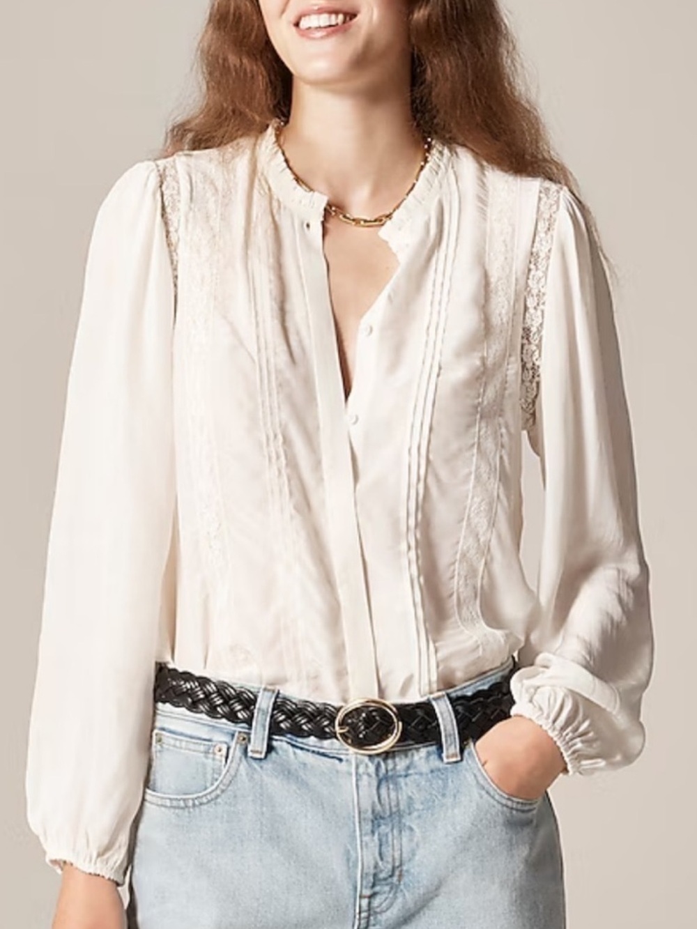 J. Crew Cream Pin Tuck CN519 Lace-Trim Button-Front Blouse Sz2